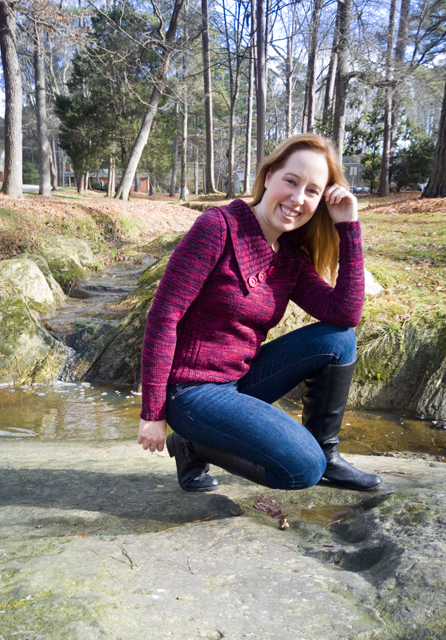 A long-sleeved stockinette sweater with a split cowl, generated using CustomFit