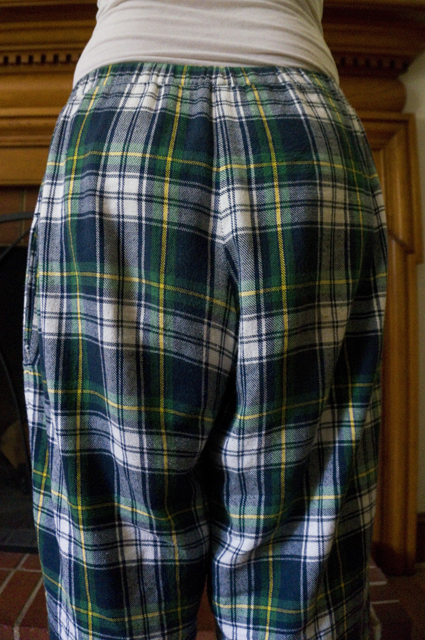 Rear view of the tartan pajama pants showing the stripe matching across the bum