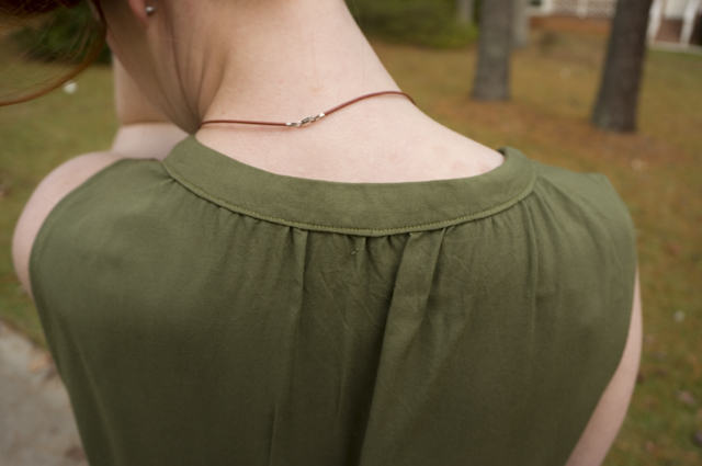 A detail shot of the gathers at the back neckline of the McCall's 7324 sleeveless summer blouse