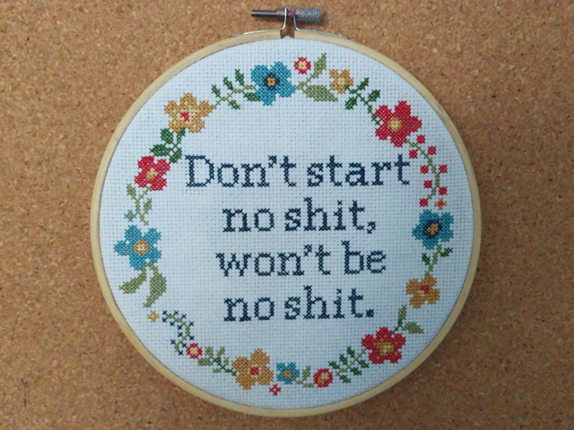 A cross stitch of the words "Don't start no shit, won't be no shit" surrounded by a floral border and framed in a hoop