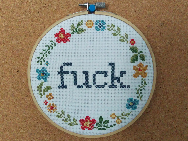 A cross stitch of the word "fuck" surrounded by a floral border and framed in a hoop