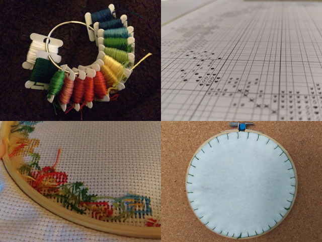 Collage showing a ring holding bobbins of embroidery floss, a close-up of a cross stitch chart, a close-up of the loose threads on the back of a cross stitch, and the back of a finished hoop covered in felt secured with blanket stitch